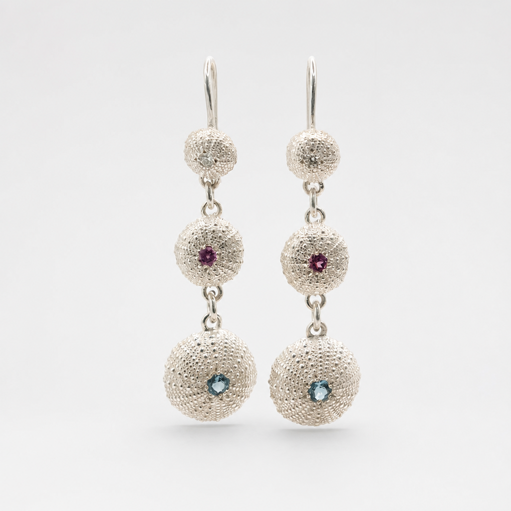 Sea Urchin Trio Drop Earrings - close-up angled view showing sea urchin texture and gemstone detail