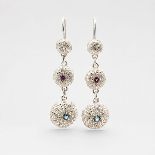 Sea Urchin Trio Drop Earrings - close-up angled view showing sea urchin texture and gemstone detail