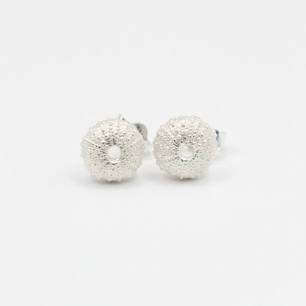 Sea Urchin Stud Earrings - sterling silver pair displayed on Natasha Wood Jewellery branded card