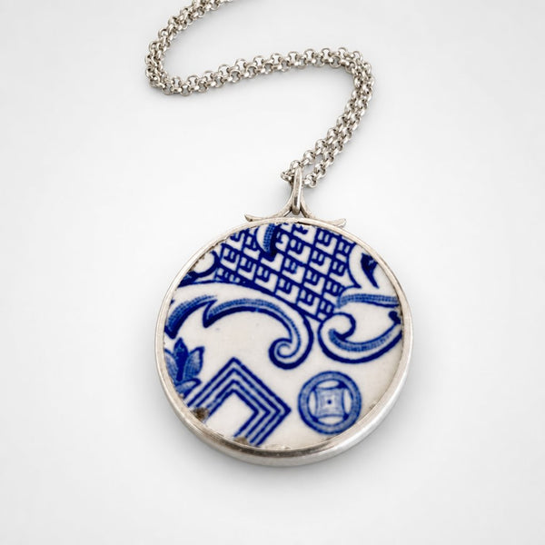 Willow Pattern Antique Ceramic Pendant - second view showing blue and white ceramic detail in sterling silver rolo chain setting