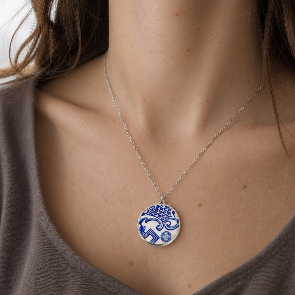 Willow Pattern Antique Ceramic Pendant - front view in sterling silver bezel setting, handcrafted by Natasha Wood Jewellery