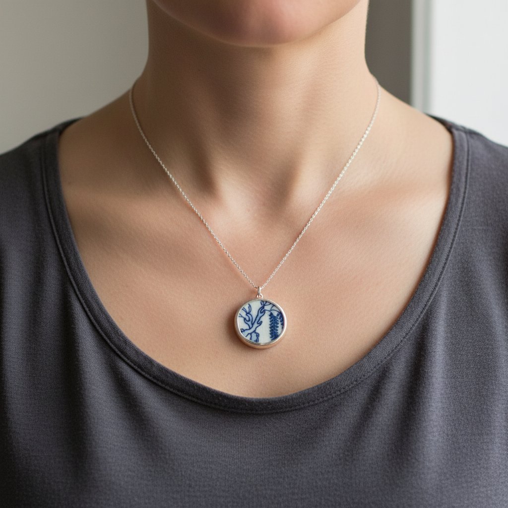 Willow Love Story Pendant - close-up front view showing hand-painted blue Willow Pattern ceramic shard in handformed sterling silver bezel