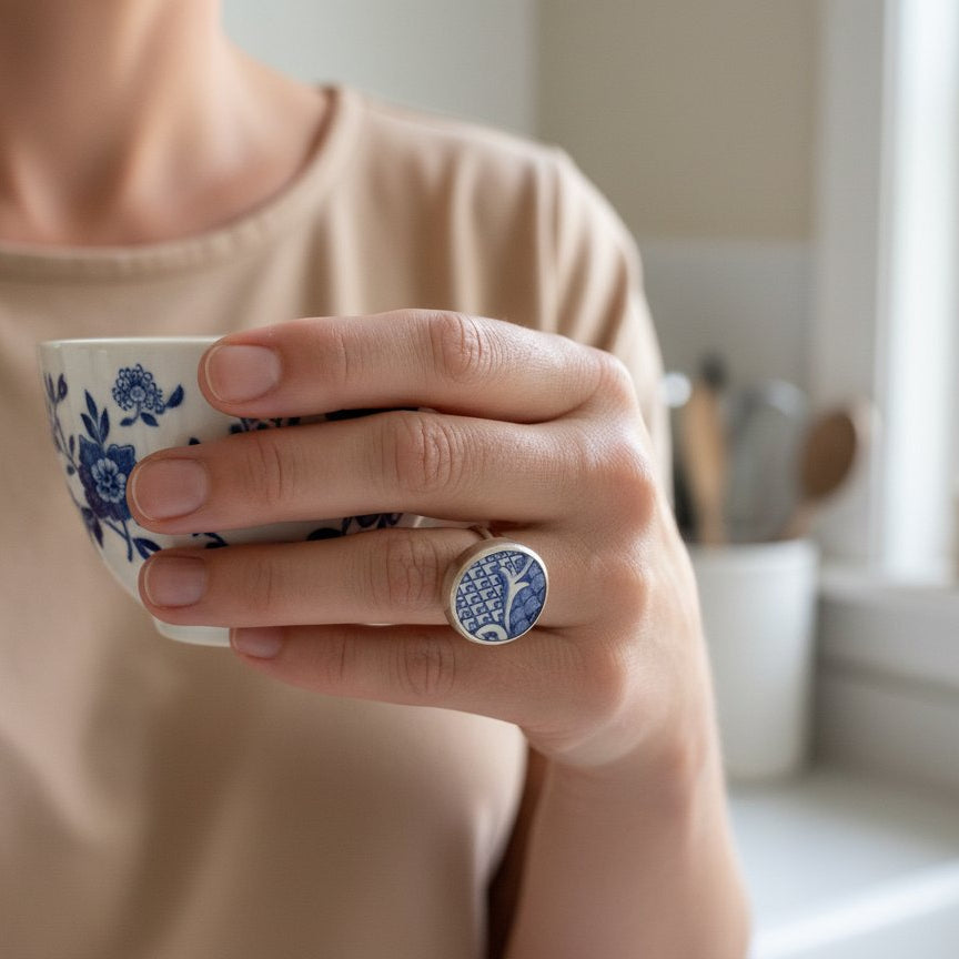 Willow Pattern Ceramic and Silver Ring - worn on hand with antique blue-and-white ceramic bowl lifestyle shot