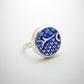 Willow Pattern Ceramic and Silver Ring - front view blue-and-white antique ceramic bezel setting
