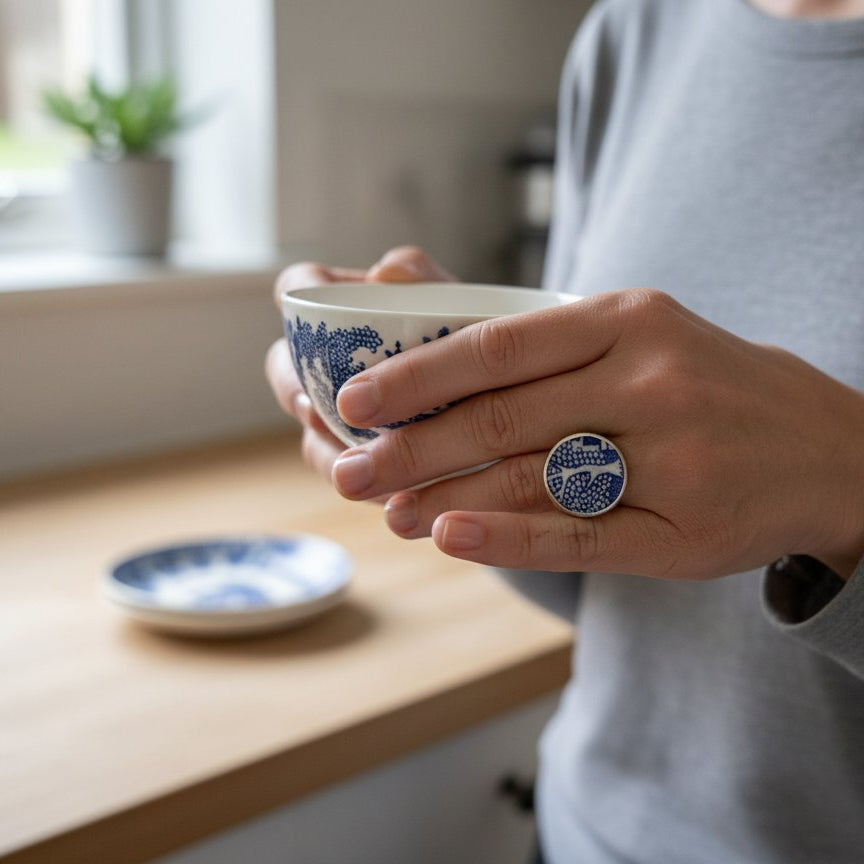 Willow Pattern Antique Ceramic Ring - worn on hand with Willow pattern bowl, sterling silver bezel setting