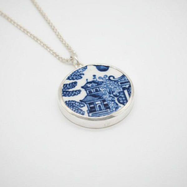Handmade Willow Pattern sterling silver pendant necklace on white background - Natasha Wood Jewellery