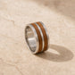 Layered olive wood and sterling silver ring - front view, handmade by Natasha Wood Jewellery, South Africa