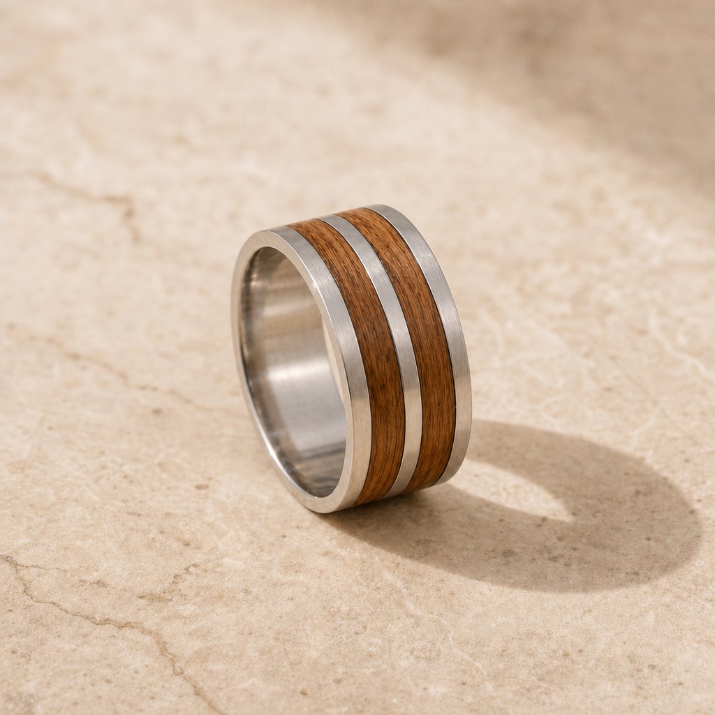 Layered olive wood and sterling silver ring - front view, handmade by Natasha Wood Jewellery, South Africa