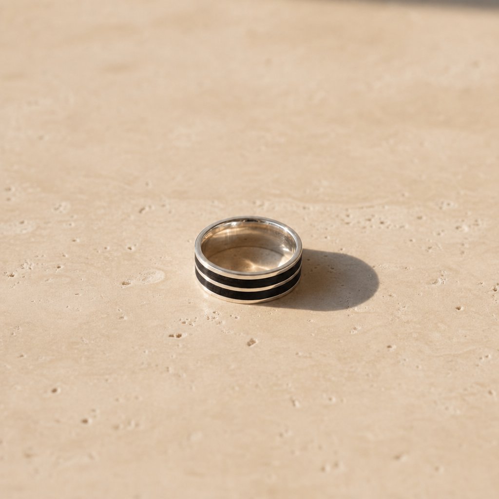 Layered olive wood and sterling silver ring - front view, handmade by Natasha Wood Jewellery, South Africa