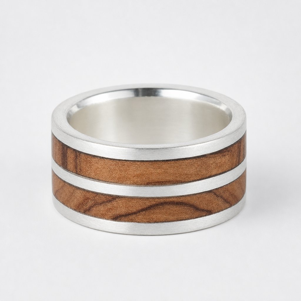 Layered olive wood and sterling silver ring - front view, handmade by Natasha Wood Jewellery, South Africa