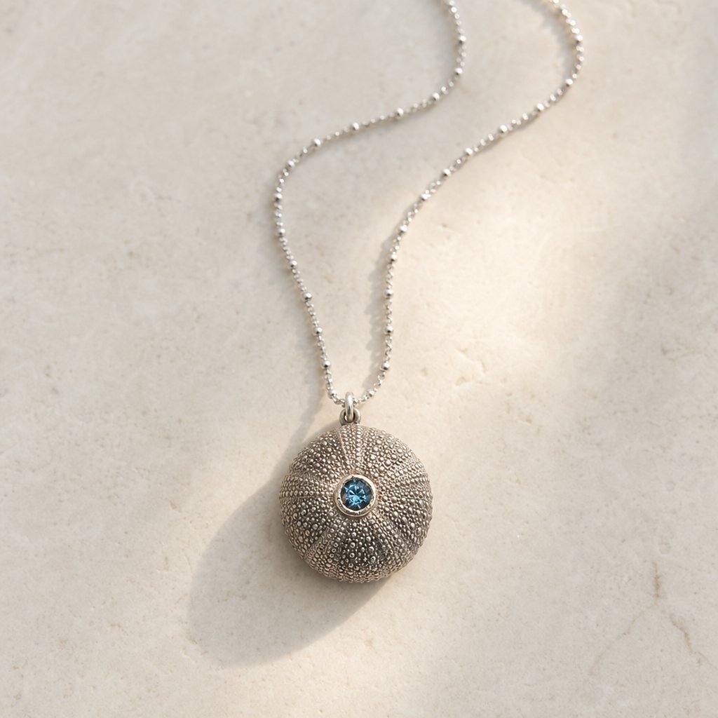 Extra Large Sea Urchin Pendant - close-up comparison of three gemstone variants in sterling silver - Natasha Wood Jewellery