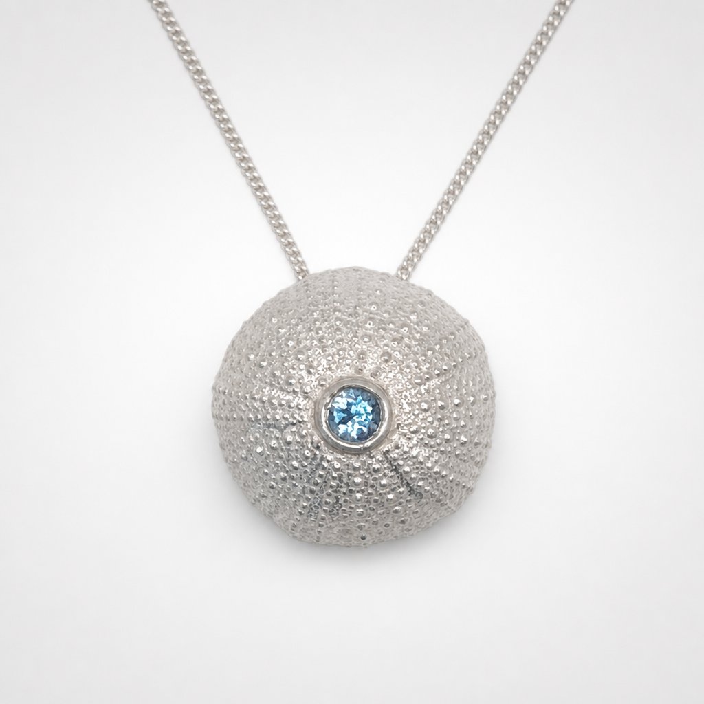 Extra Large Sea Urchin Pendant - shiny sterling silver with bezel-set blue topaz gemstone - 2cm nature-inspired handmade pendant by Natasha Wood