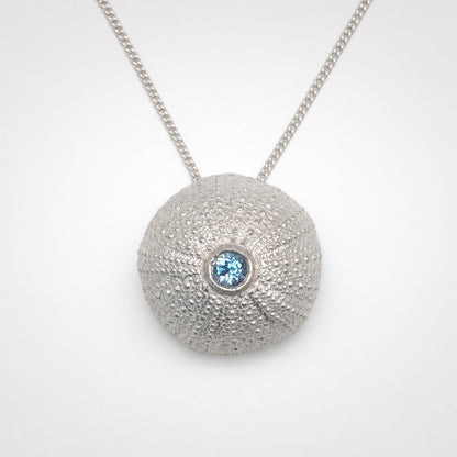 Extra Large Sea Urchin Pendant - shiny sterling silver with bezel-set blue topaz gemstone - 2cm nature-inspired handmade pendant by Natasha Wood