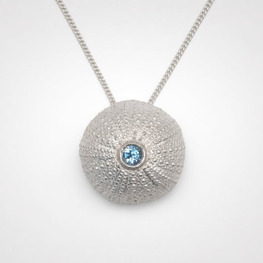 Extra Large Sea Urchin Pendant - shiny sterling silver with bezel-set blue topaz gemstone - 2cm nature-inspired handmade pendant by Natasha Wood