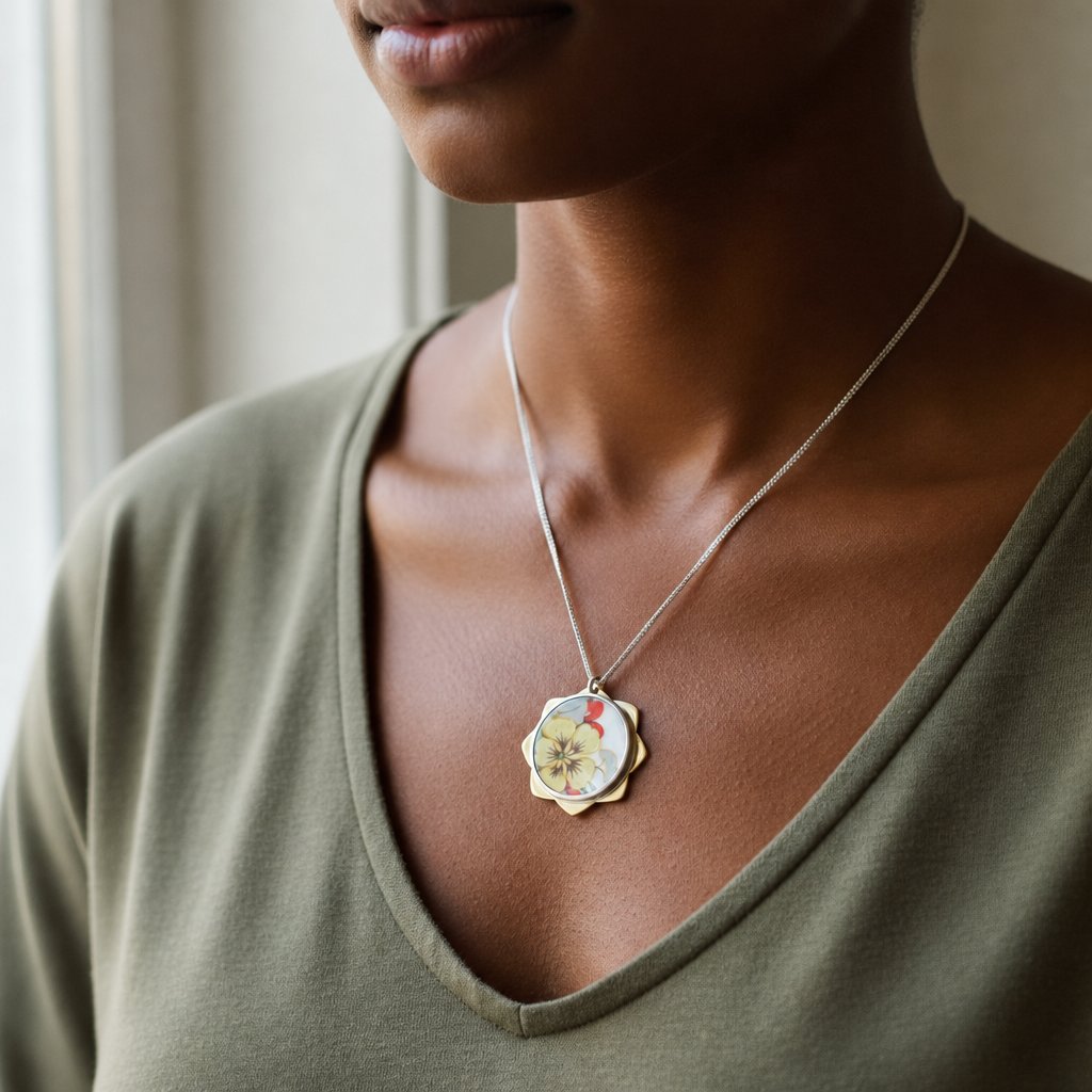 Yellow nasturtium ceramic pendant - angled view showing scalloped brass border and sterling silver bezel depth