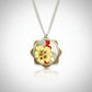 Yellow nasturtium flower ceramic pendant - front view, sterling silver and scalloped brass setting