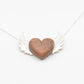 Olive Wood Heart Pendant with Brass Wings - angled close-up showing wood grain detail, sterling silver chain