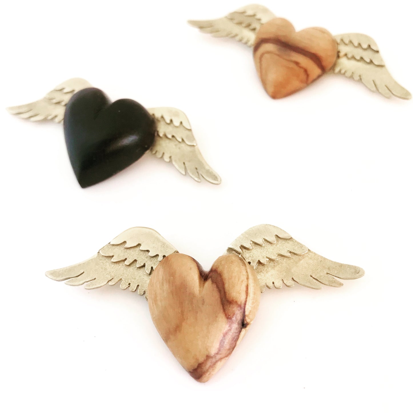 Brass winged wooden heart necklace