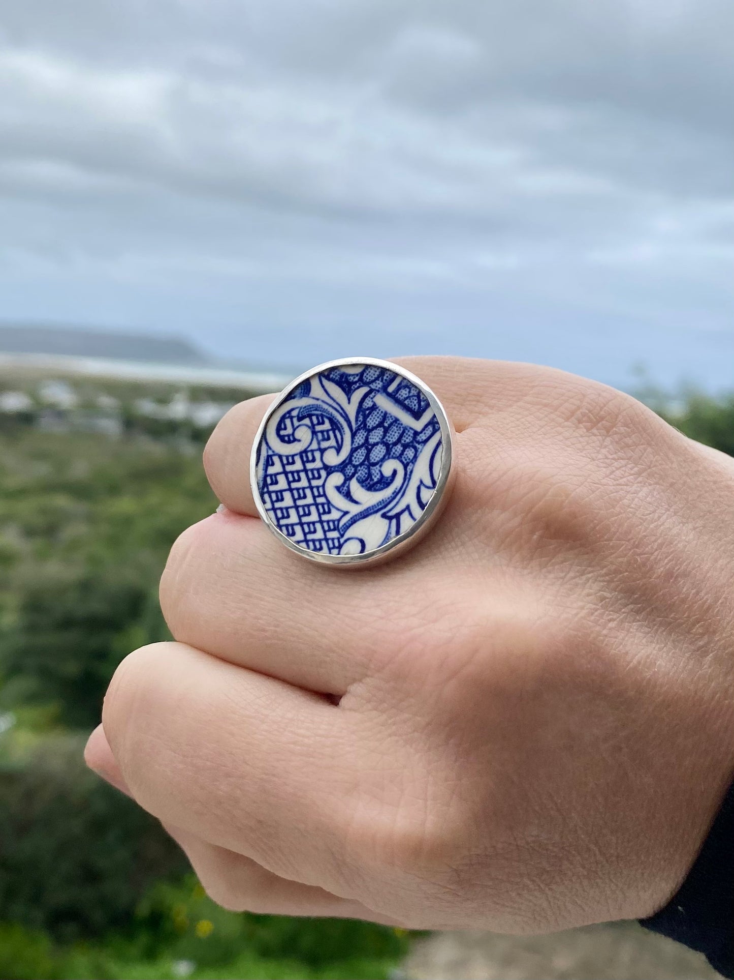Large Blue & white Ceramic Ring