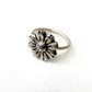 Close-up of the oxidised Daisy Flower Ring next to a brass and silver variation, highlighting the textural contrast